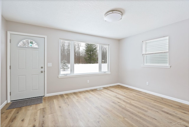 foyer entrance featuring a textured ceiling, light hardwood / wood-style flooring, and a healthy amount of sunlight