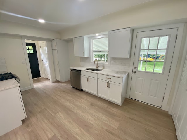 kitchen with white cabinets, stainless steel dishwasher, decorative backsplash, and sink