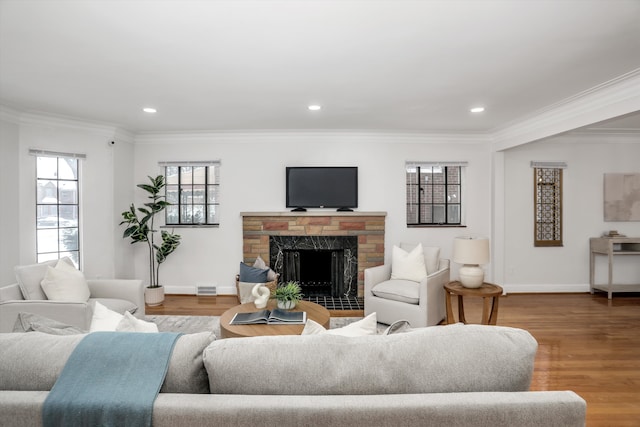 living room with wood-type flooring, a stone fireplace, and ornamental molding