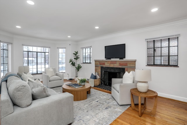 living room featuring hardwood / wood-style floors, crown molding, and a stone fireplace