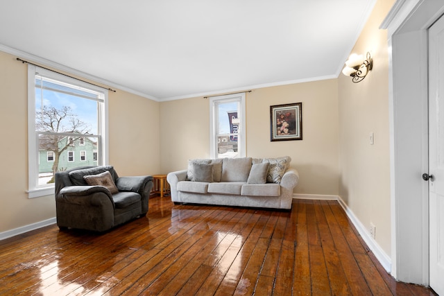 living room with ornamental molding and dark hardwood / wood-style floors