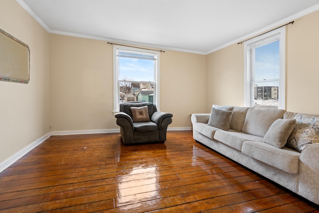 living room with ornamental molding and dark hardwood / wood-style floors