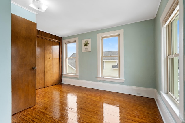 interior space featuring wood-type flooring, ornamental molding, and a closet