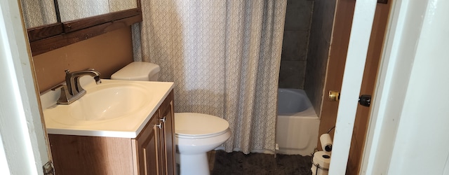 full bathroom with toilet, vanity, and shower / bath combo with shower curtain