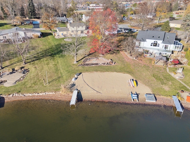 drone / aerial view featuring a water view