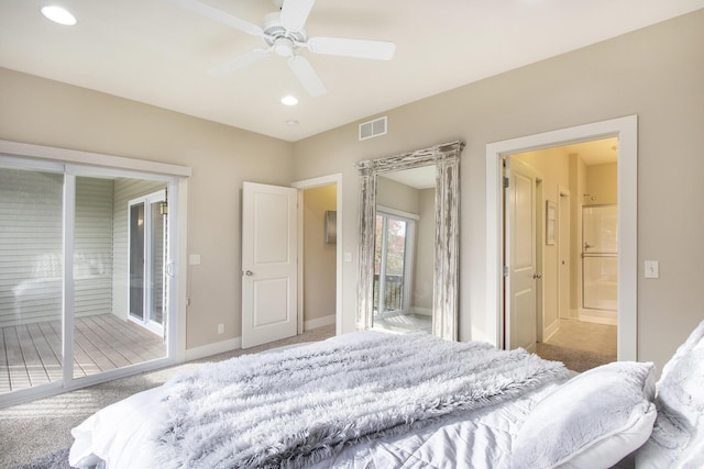 carpeted bedroom with access to outside, ensuite bathroom, and ceiling fan