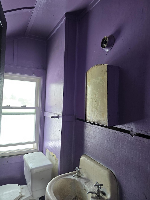 bathroom featuring toilet, a healthy amount of sunlight, lofted ceiling, and sink