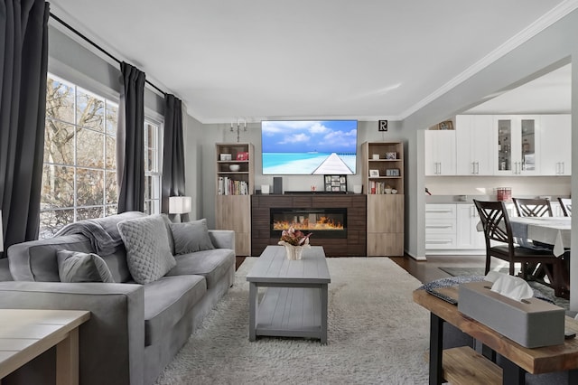 living room with crown molding and dark hardwood / wood-style floors