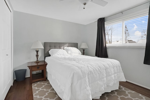 bedroom with dark wood-type flooring, ceiling fan, and a closet