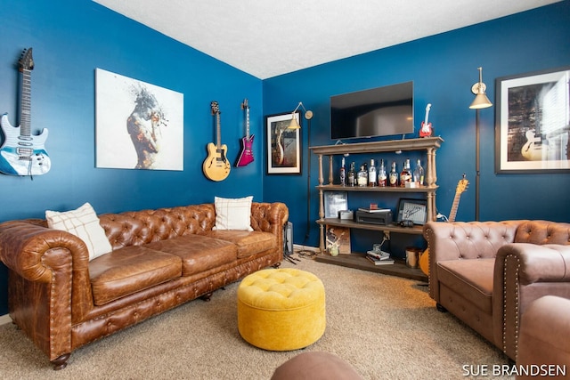 living room featuring a textured ceiling and carpet flooring