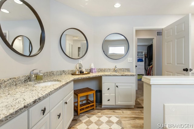 bathroom with hardwood / wood-style flooring and vanity