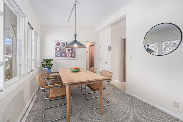 dining room with plenty of natural light and light carpet