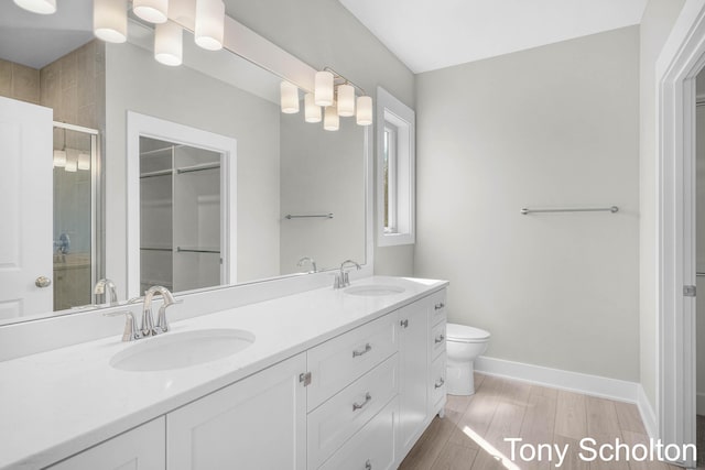 bathroom featuring a sink, a shower stall, and double vanity