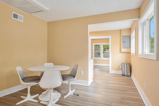 dining room featuring electric panel and light hardwood / wood-style floors