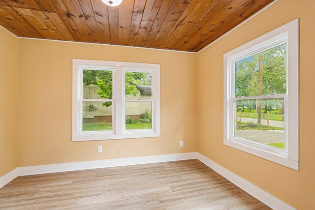 unfurnished room featuring wooden ceiling, a healthy amount of sunlight, and light hardwood / wood-style floors