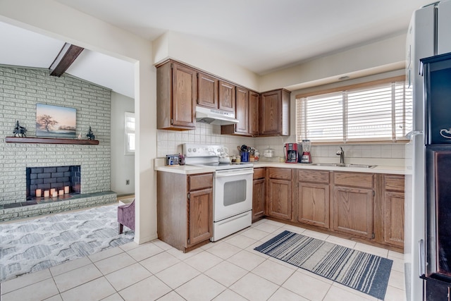 kitchen with light tile patterned flooring, electric stove, sink, and lofted ceiling with beams