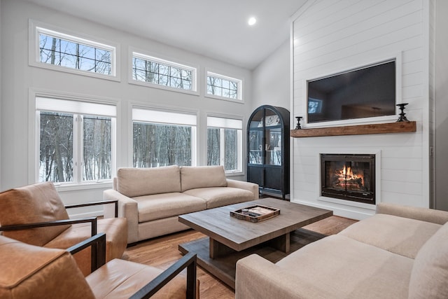 living room with high vaulted ceiling, light wood-type flooring, and a fireplace