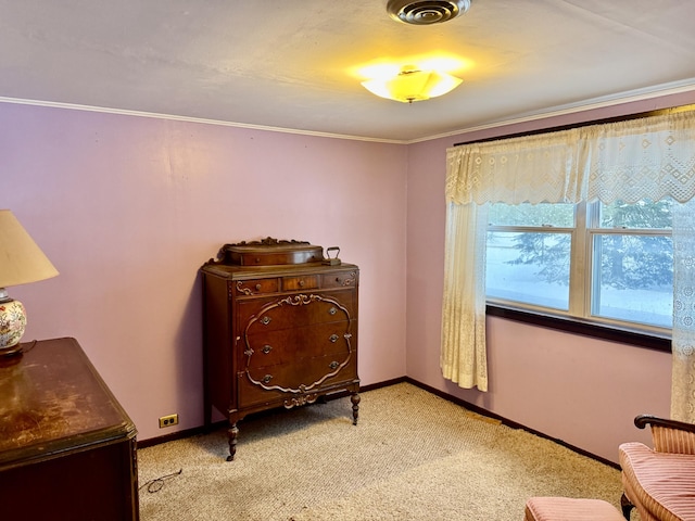 carpeted bedroom with ornamental molding