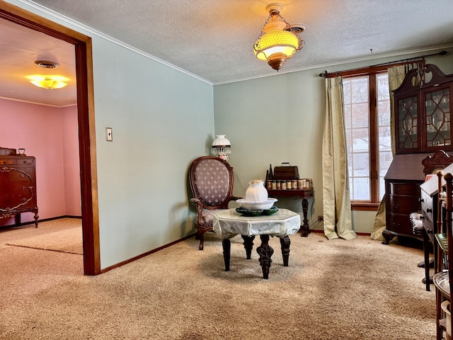 living area featuring carpet floors, a textured ceiling, and ornamental molding