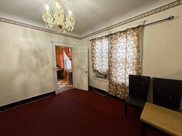 interior space with carpet flooring, radiator, and an inviting chandelier