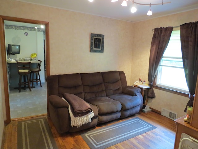 living room featuring crown molding and wood-type flooring