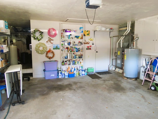 garage with a garage door opener and gas water heater