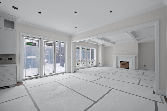 unfurnished living room with crown molding, coffered ceiling, and beamed ceiling