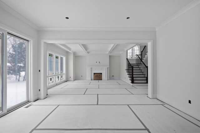 tiled living room featuring beamed ceiling and ornamental molding