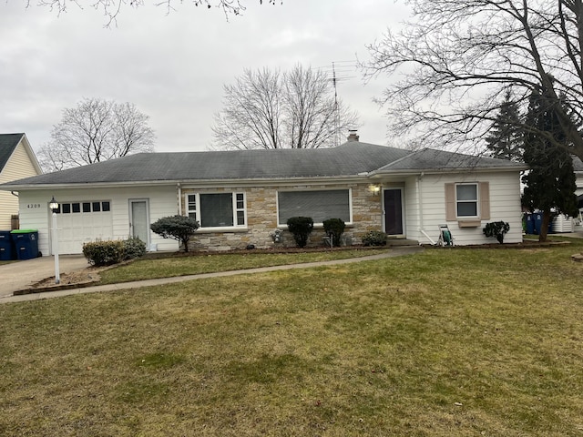 ranch-style house with a front yard and a garage