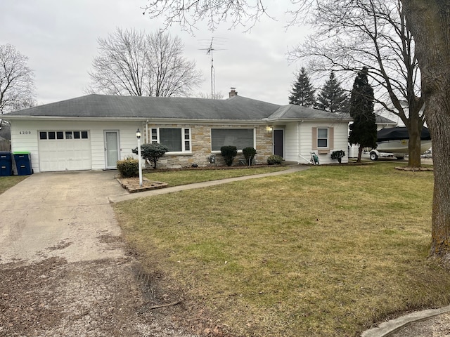 ranch-style home with a front yard and a garage