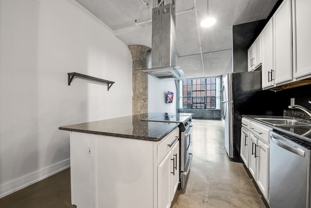 kitchen featuring a center island, white cabinetry, stainless steel appliances, sink, and island range hood