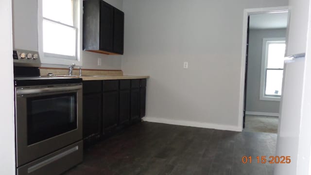 kitchen with sink, electric range, and dark hardwood / wood-style floors