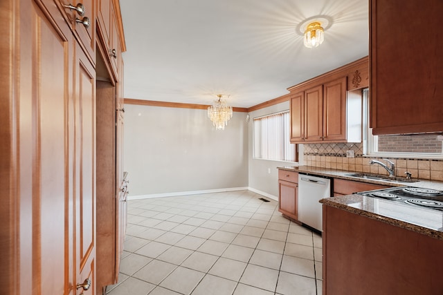 kitchen with sink, dishwasher, hanging light fixtures, decorative backsplash, and dark stone counters