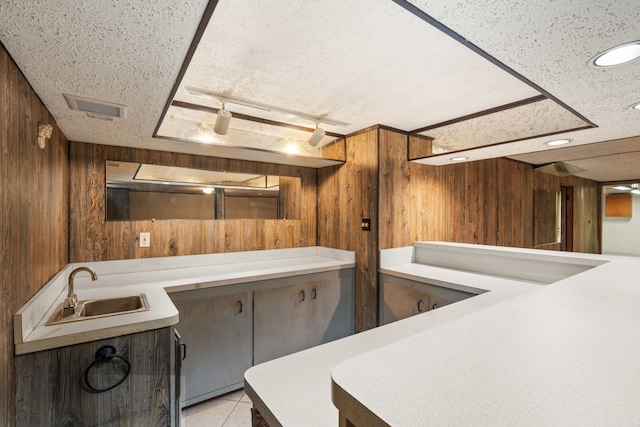 interior space with light tile patterned flooring, sink, track lighting, and wood walls