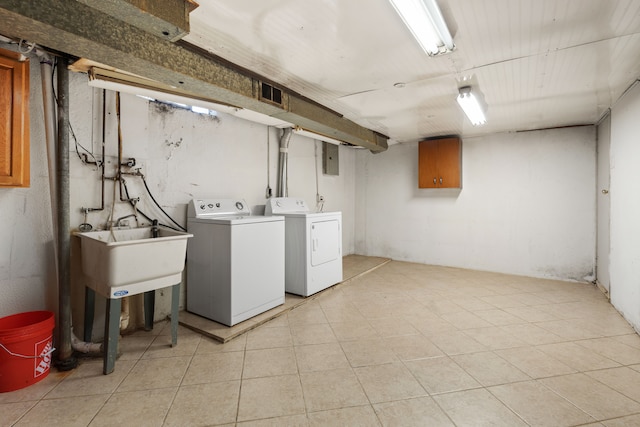 washroom featuring cabinets, electric panel, and separate washer and dryer