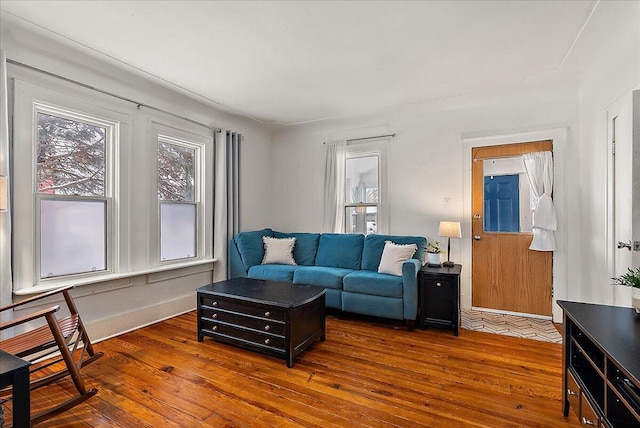 living room with dark hardwood / wood-style floors and a healthy amount of sunlight