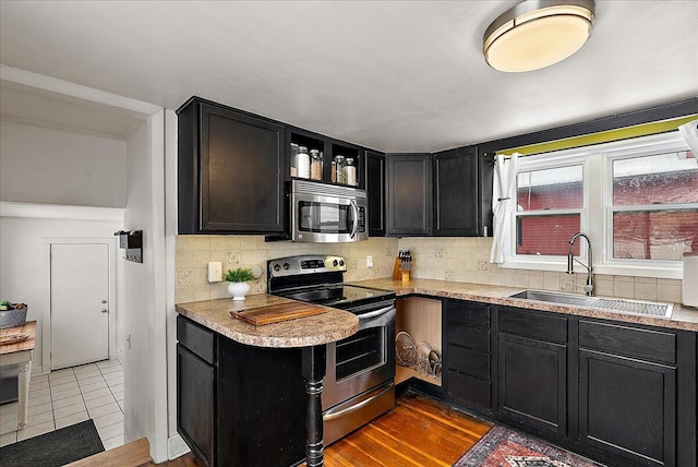 kitchen featuring decorative backsplash, sink, stainless steel appliances, and hardwood / wood-style floors