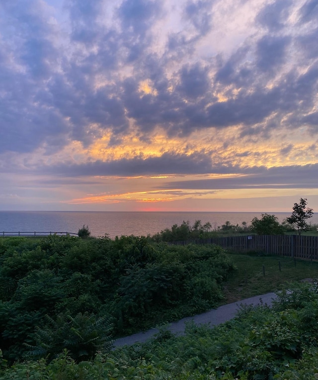 yard at dusk featuring a water view