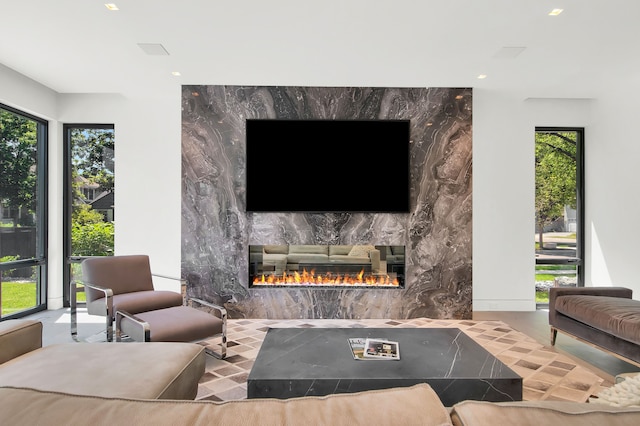 living room with a premium fireplace