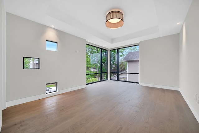 unfurnished room featuring floor to ceiling windows, a tray ceiling, and light hardwood / wood-style flooring