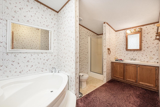 full bathroom with lofted ceiling, plus walk in shower, toilet, and ornamental molding