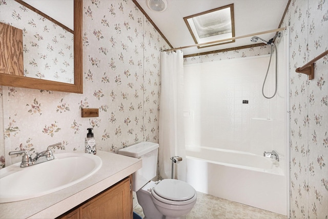 full bathroom with shower / bathtub combination with curtain, vanity, toilet, ornamental molding, and vaulted ceiling