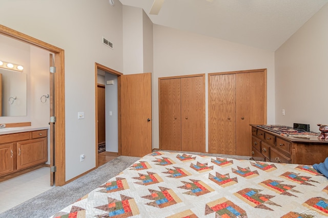 carpeted bedroom with sink, two closets, high vaulted ceiling, and ensuite bath