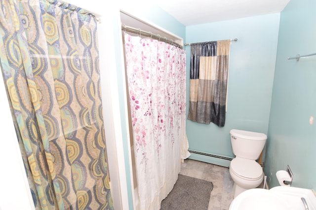 bathroom featuring toilet, baseboard heating, and a shower with curtain