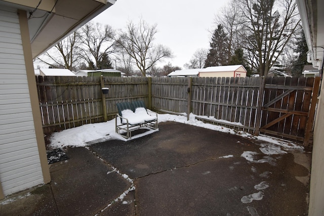 view of snow covered patio