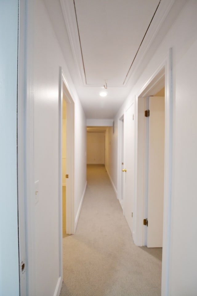 hall featuring light colored carpet