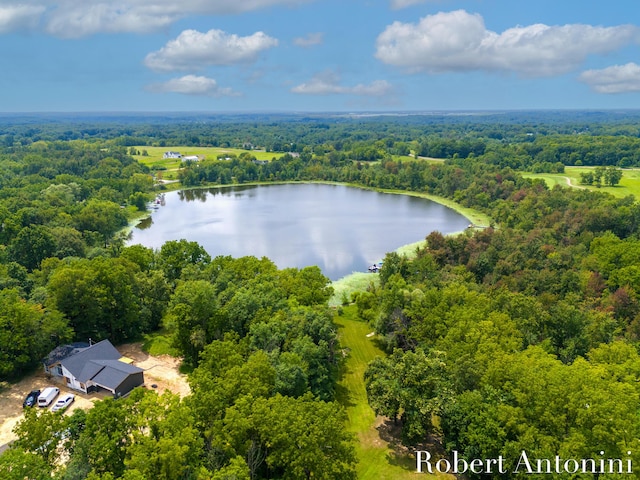 birds eye view of property featuring a water view