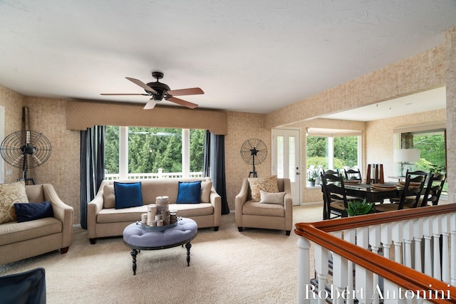 living room featuring ceiling fan and carpet