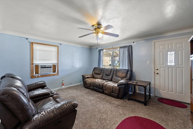 living room with ceiling fan, cooling unit, and carpet flooring