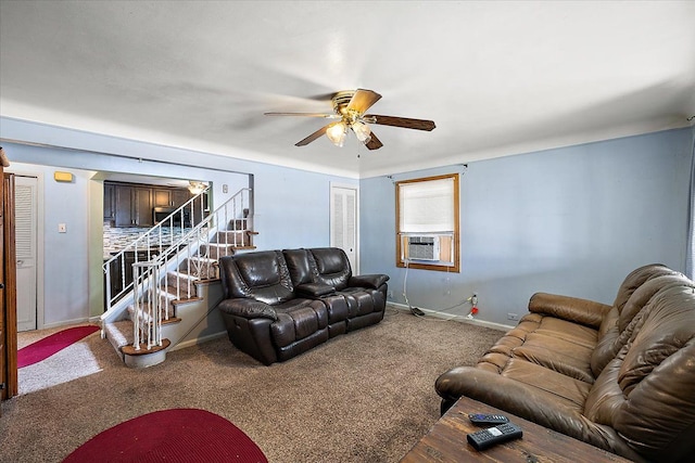 carpeted living room with ceiling fan and cooling unit